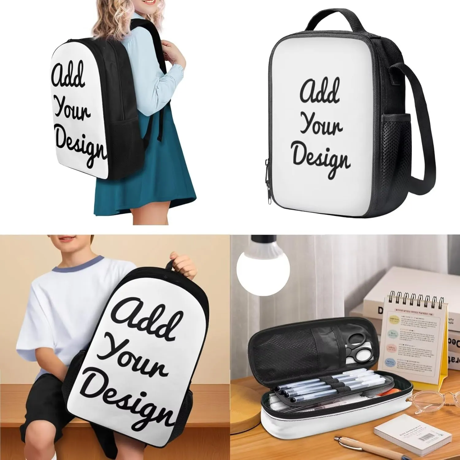 Custom Backpack with Lunchbox Lightweight 3 Pcs Girls Personalized Bookbags Ages 9-12 Cartoon Book Bag and Lunch Box for Girls Travel Rucksack 6th Grade School Bag