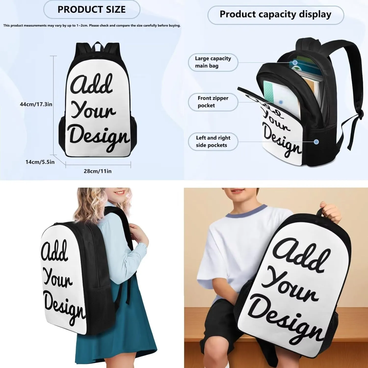 Custom Backpack with Lunchbox Lightweight 3 Pcs Girls Personalized Bookbags Ages 9-12 Cartoon Book Bag and Lunch Box for Girls Travel Rucksack 6th Grade School Bag
