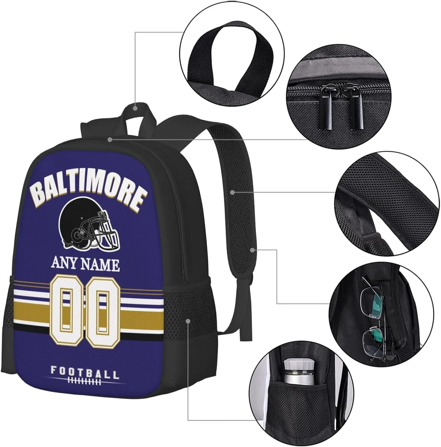 Custom Baltimore Backpack for Men Women, Personalized Backpacks with Name and Number, Customized Football Style Backpack Gifts for Fans