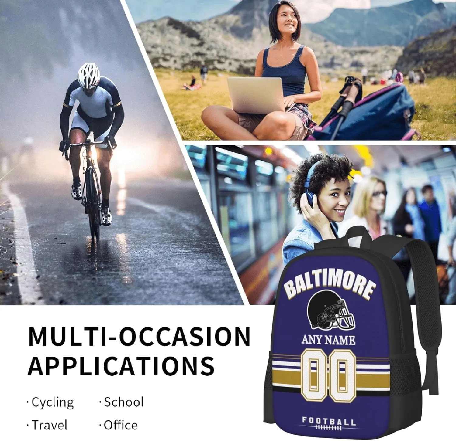 Custom Baltimore Backpack for Men Women, Personalized Backpacks with Name and Number, Customized Football Style Backpack Gifts for Fans