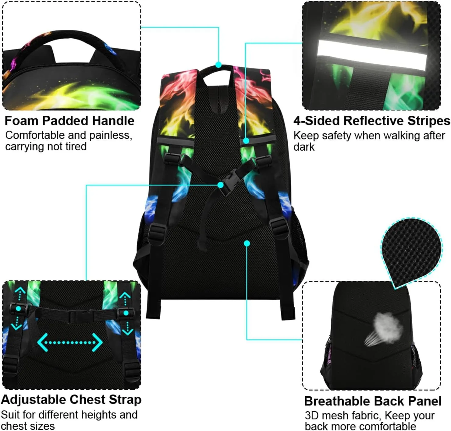 Custom Fire Rainbow Dragon Backpack Personalized Name Schoolbag for Boys Girls Elementary School Bookbag Daypack Rucksack