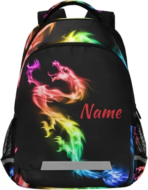 Custom Fire Rainbow Dragon Backpack Personalized Name Schoolbag for Boys Girls Elementary School Bookbag Daypack Rucksack