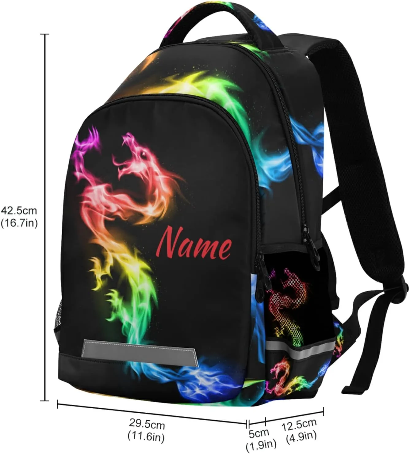 Custom Fire Rainbow Dragon Backpack Personalized Name Schoolbag for Boys Girls Elementary School Bookbag Daypack Rucksack
