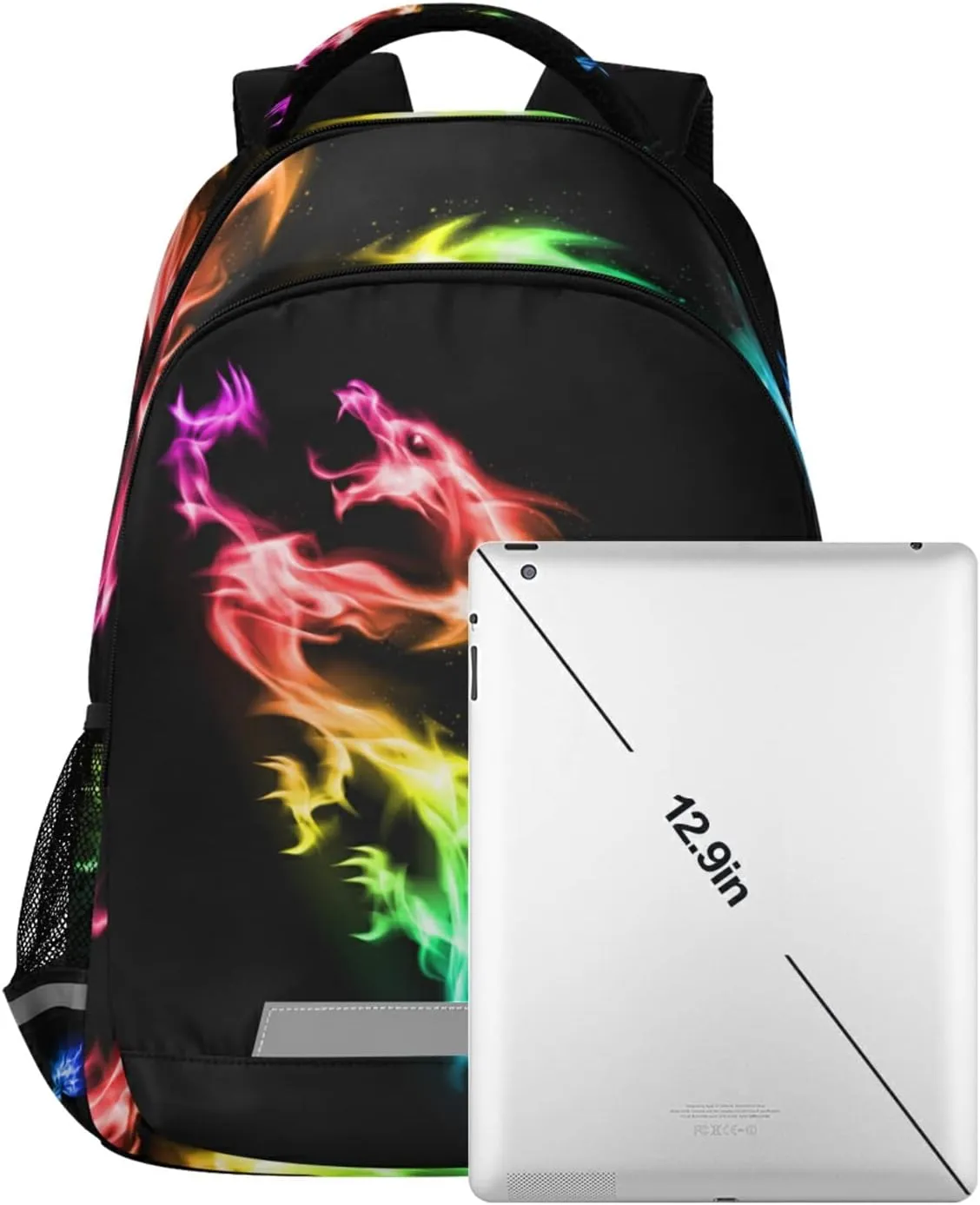 Custom Fire Rainbow Dragon Backpack Personalized Name Schoolbag for Boys Girls Elementary School Bookbag Daypack Rucksack