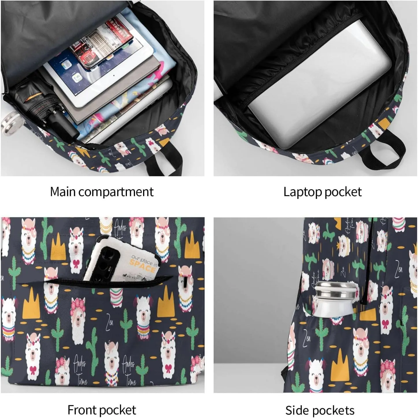 Cute Cactus Llama Alpaca Faces Laptop Commuter Backpack Shoulder Bag Casual Back Pack Daypack Bags With Side Pockets For Work Travel Daily Use