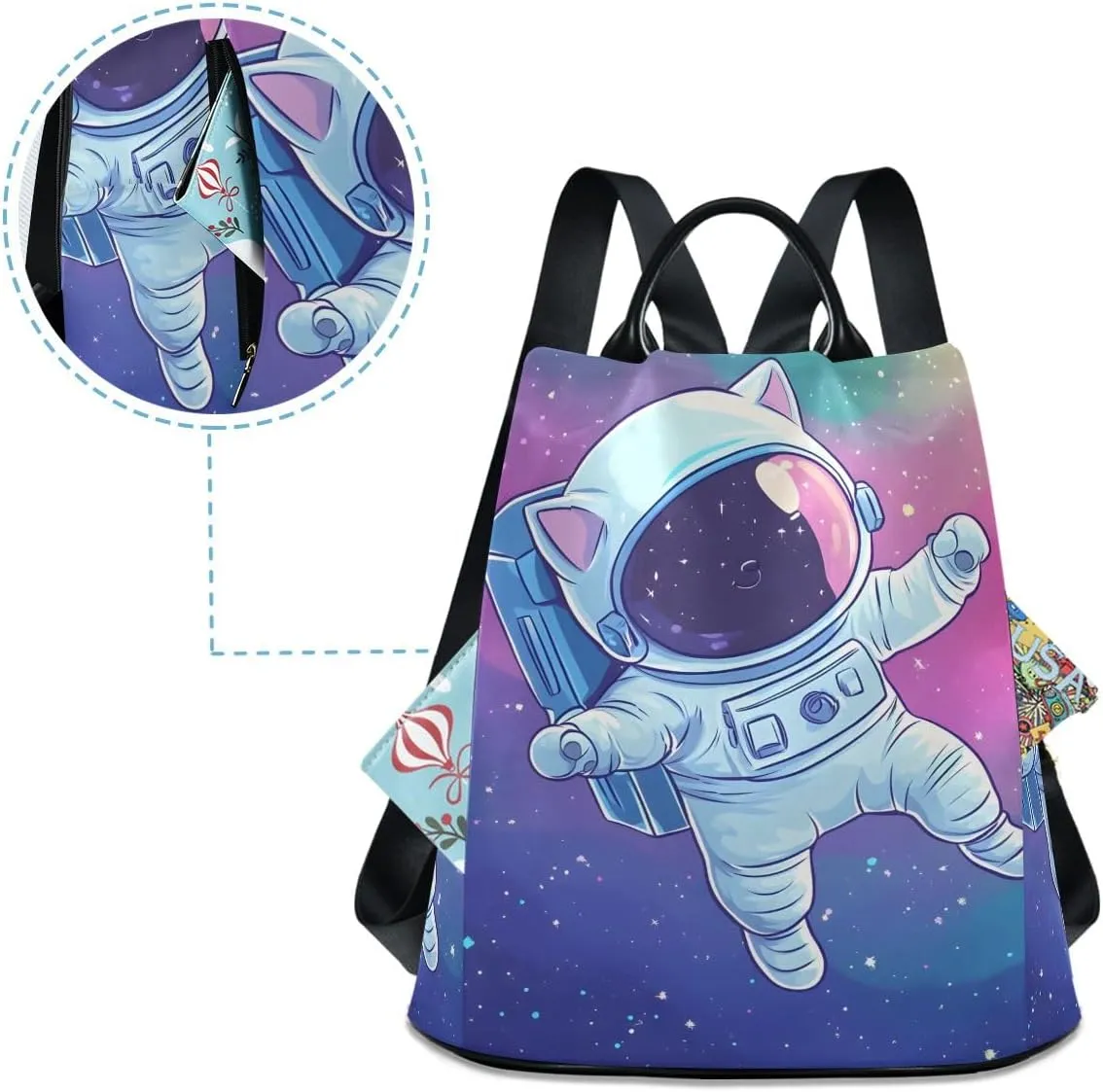 Cute Cat Astronaut Colorful Space Anti Theft Backpack Purse for Women Fashion Travel Bags with Pompom