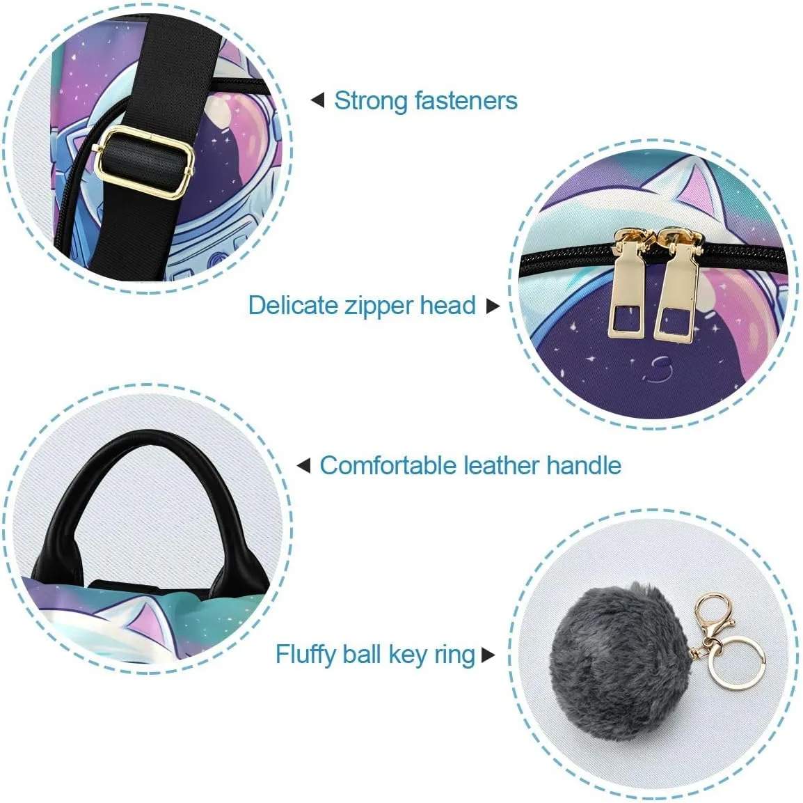 Cute Cat Astronaut Colorful Space Anti Theft Backpack Purse for Women Fashion Travel Bags with Pompom