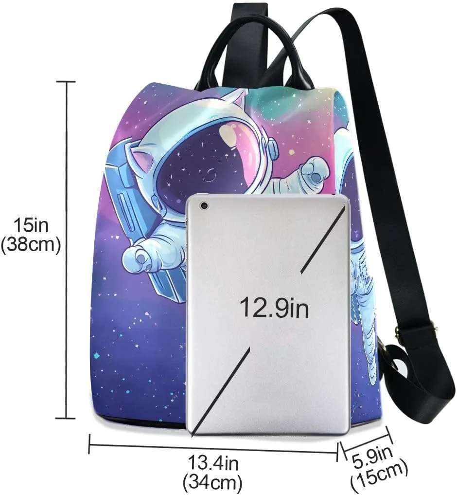 Cute Cat Astronaut Colorful Space Anti Theft Backpack Purse for Women Fashion Travel Bags with Pompom