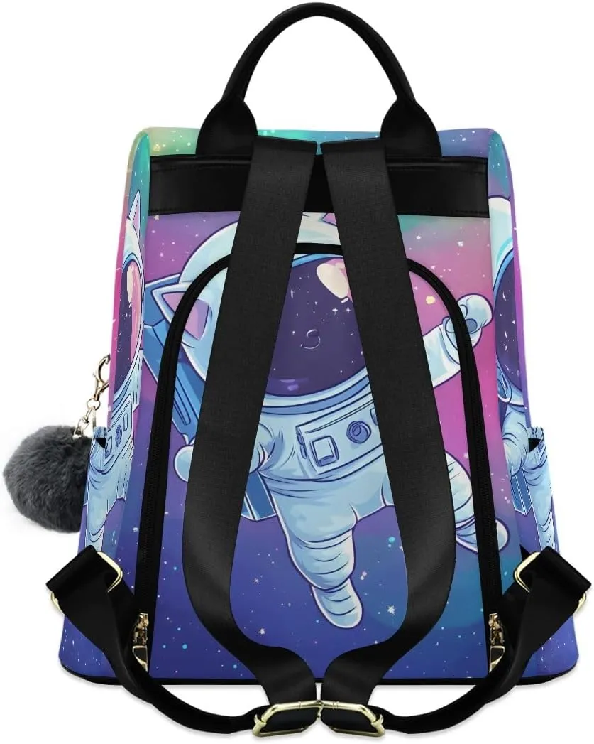 Cute Cat Astronaut Colorful Space Anti Theft Backpack Purse for Women Fashion Travel Bags with Pompom