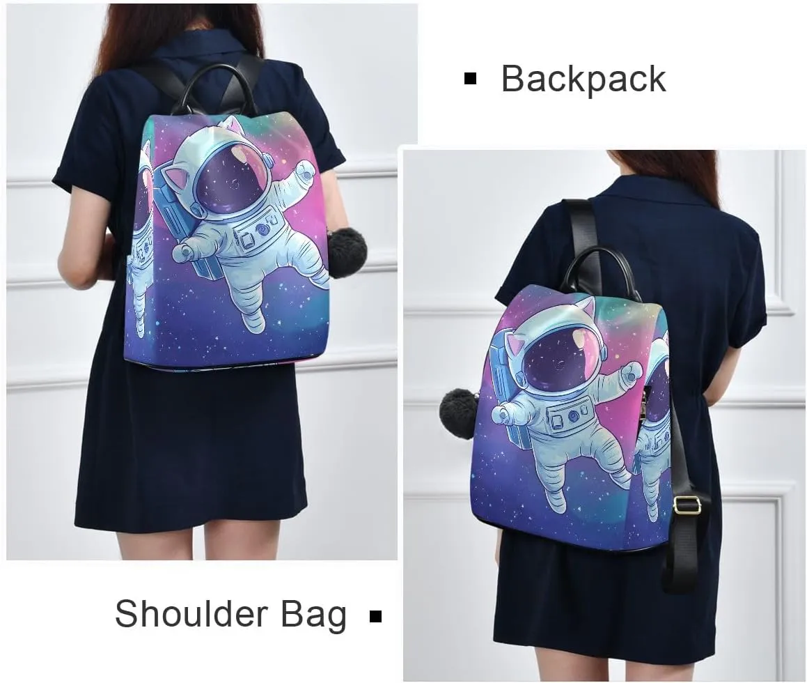 Cute Cat Astronaut Colorful Space Anti Theft Backpack Purse for Women Fashion Travel Bags with Pompom