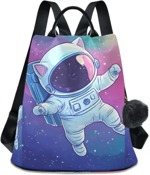 Cute Cat Astronaut Colorful Space Anti Theft Backpack Purse for Women Fashion Travel Bags with Pompom