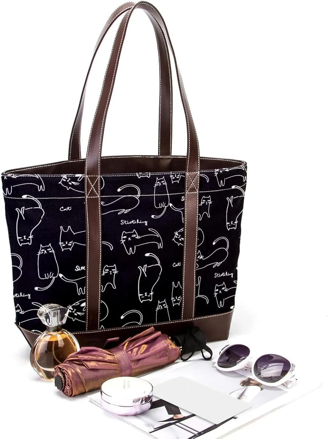 Cute Cat in Space-22 Tote Bags Durable Leather Canvas Purses and Handbags for Women Top Handle Shoulder Satchel Hobo Bags