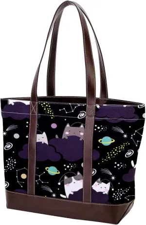 Cute Cat in Space-22 Tote Bags Durable Leather Canvas Purses and Handbags for Women Top Handle Shoulder Satchel Hobo Bags
