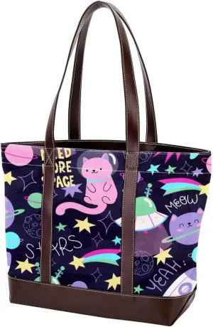 Cute Cat in Space-22 Tote Bags Durable Leather Canvas Purses and Handbags for Women Top Handle Shoulder Satchel Hobo Bags