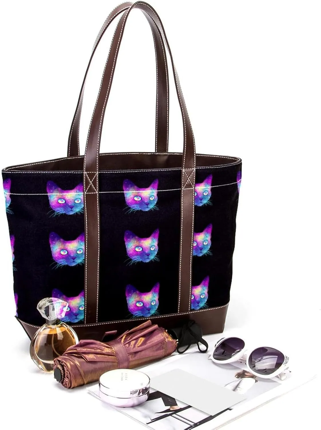 Cute Cat in Space-22 Tote Bags Durable Leather Canvas Purses and Handbags for Women Top Handle Shoulder Satchel Hobo Bags