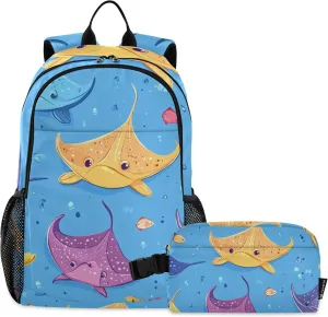 Cute Stingray Fish Blue Backpack with Lunch Bag, Travel School Backpack for Boys Girls Kids Backpacks Set