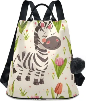Cute Tulips Zebra Backpack for Women Anti Theft Large Fashion Travel Shoulder Bag Purse Rucksack Lightweight