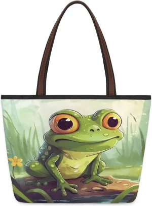 Cute Watercolor Frog Pond Tote Bag Multi Pocket Zippered Beach Bag Lightweight Waterproof Handbag