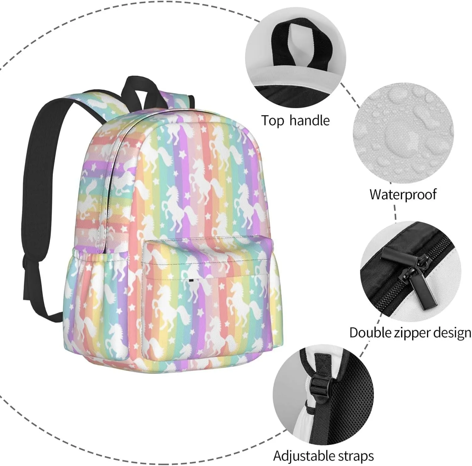Cute White Unicorns On Rainbow Laptop Backpack Shoulder Bag Laptop Pack Travel Backpacks Commuter Back Pack Casual Daypack Bags With Side Pockets