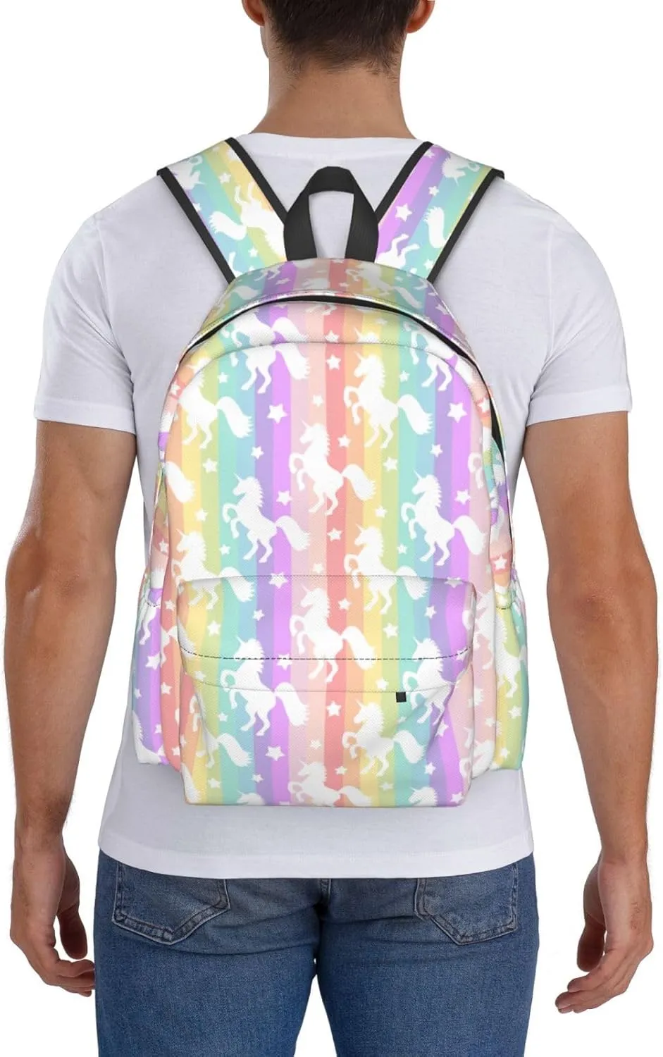 Cute White Unicorns On Rainbow Laptop Backpack Shoulder Bag Laptop Pack Travel Backpacks Commuter Back Pack Casual Daypack Bags With Side Pockets
