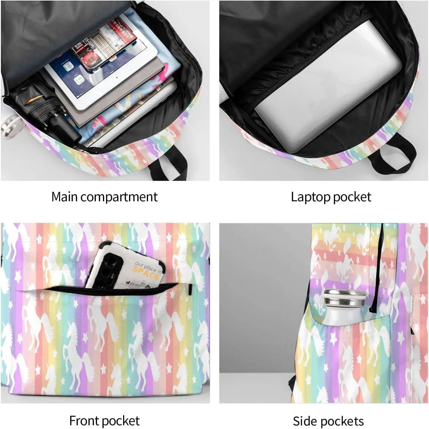 Cute White Unicorns On Rainbow Laptop Backpack Shoulder Bag Laptop Pack Travel Backpacks Commuter Back Pack Casual Daypack Bags With Side Pockets