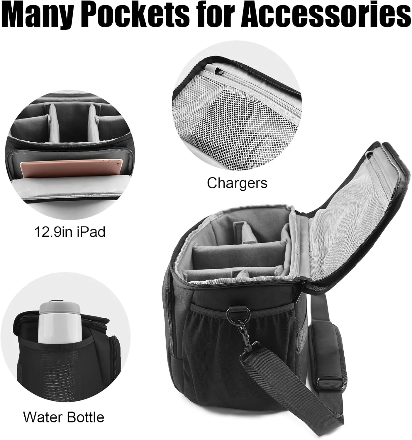 Cwatcun Camera Crossbody Shoulder Messenger Case, DSLR/SLR/Mirrorless Travel Photography Sling Bag with Tripod Holder and Rain Cover for Canon, Nikon, Sony, Fuji Cameras, Lens and Accessories