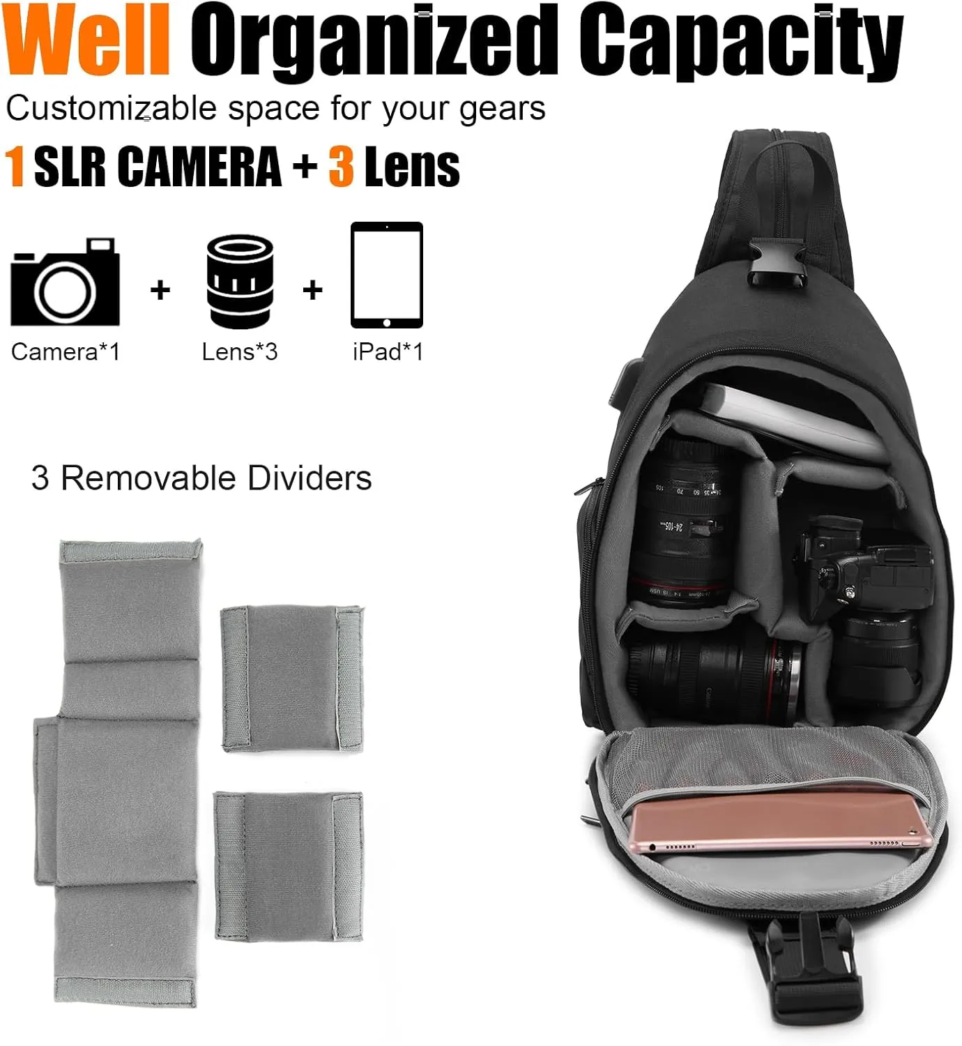 Cwatcun Sling Bag, Crossbody Case for DSLR SLR Canon Nikon Sony Mirrorless Cameras - Photography Backpack for Photographers
