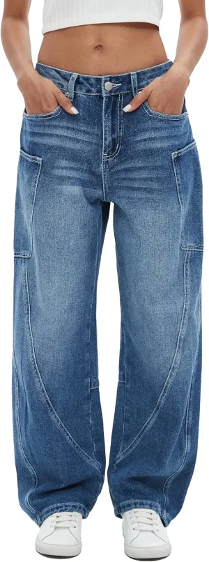 D-Sun Women's Barrel Jeans Wide Leg High Waist Denim Pants Baggy Casual Y2K Trousers Vintage with Large Side Pockets