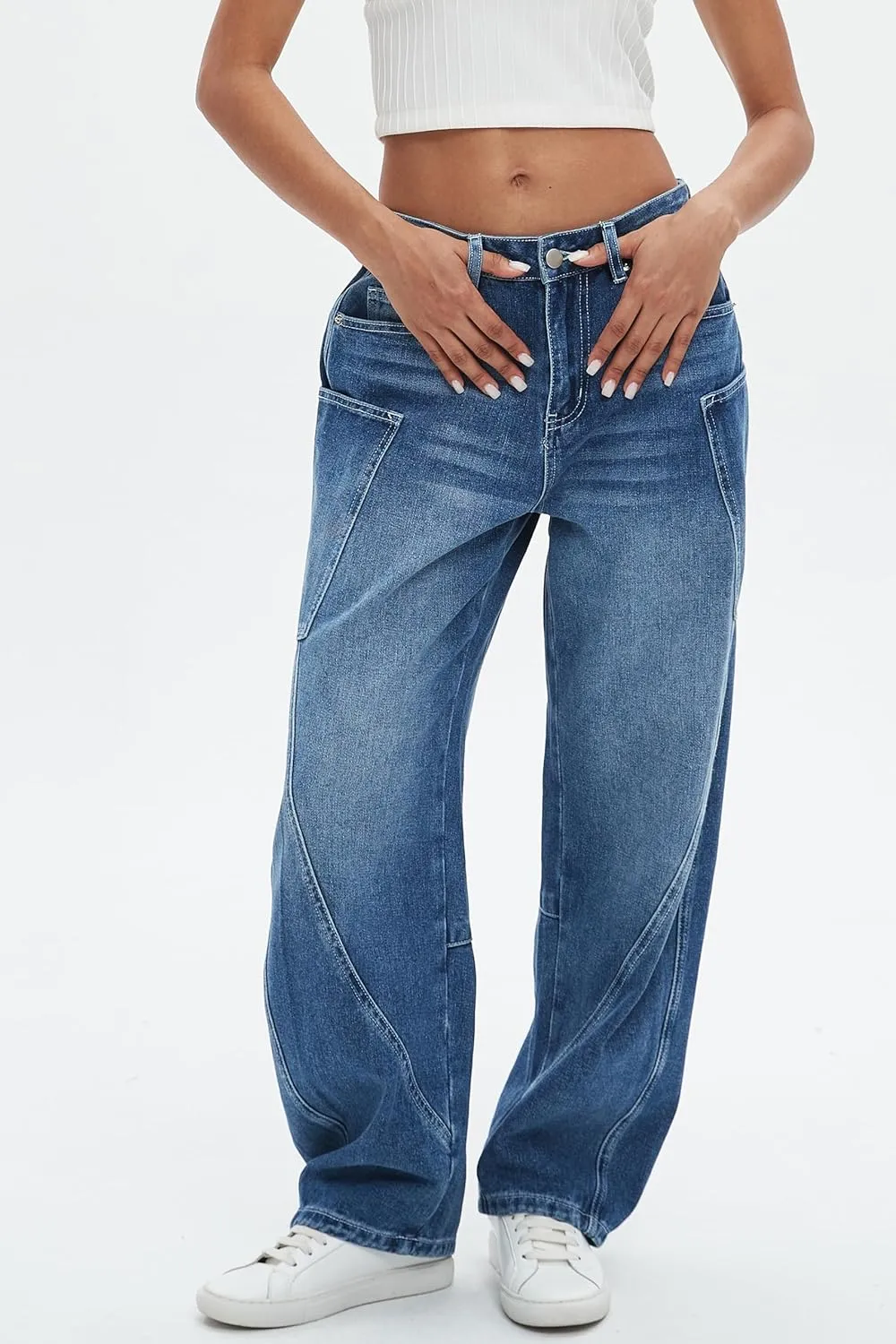 D-Sun Women's Barrel Jeans Wide Leg High Waist Denim Pants Baggy Casual Y2K Trousers Vintage with Large Side Pockets