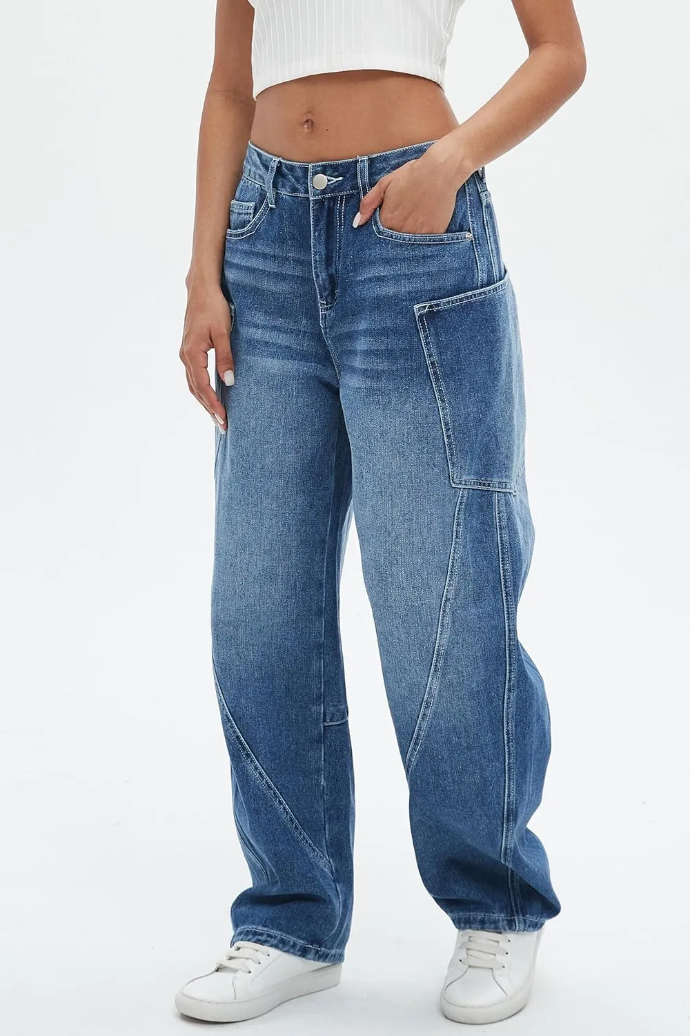 D-Sun Women's Barrel Jeans Wide Leg High Waist Denim Pants Baggy Casual Y2K Trousers Vintage with Large Side Pockets