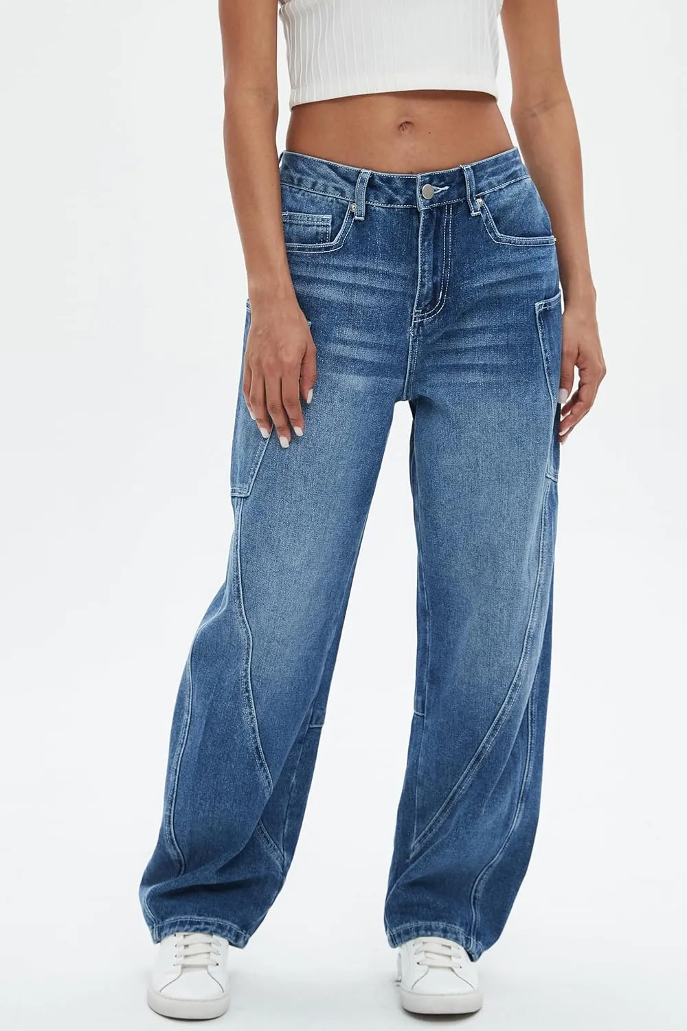 D-Sun Women's Barrel Jeans Wide Leg High Waist Denim Pants Baggy Casual Y2K Trousers Vintage with Large Side Pockets