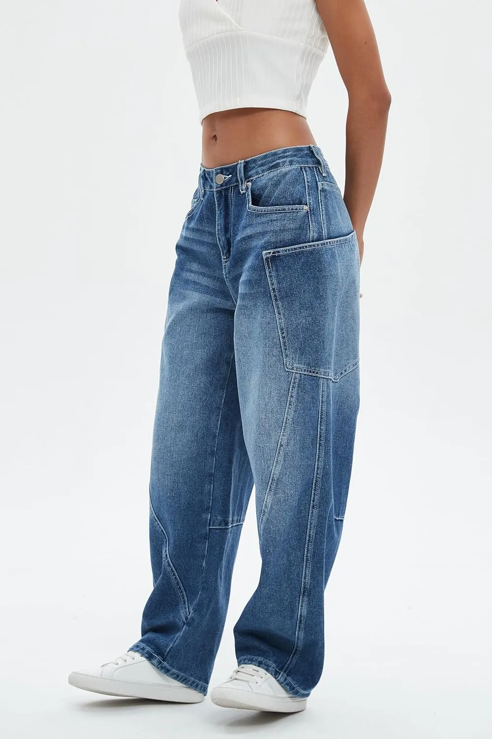 D-Sun Women's Barrel Jeans Wide Leg High Waist Denim Pants Baggy Casual Y2K Trousers Vintage with Large Side Pockets