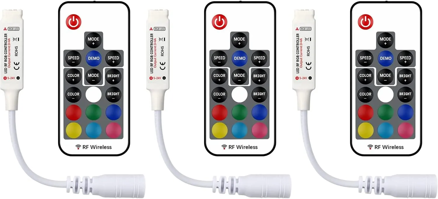 DC 12V RGB LED Controller with 17-Key RF Wireless Remote Control Dimmer for 5050 3528 5630 LED Strip Lights(3 Pack)