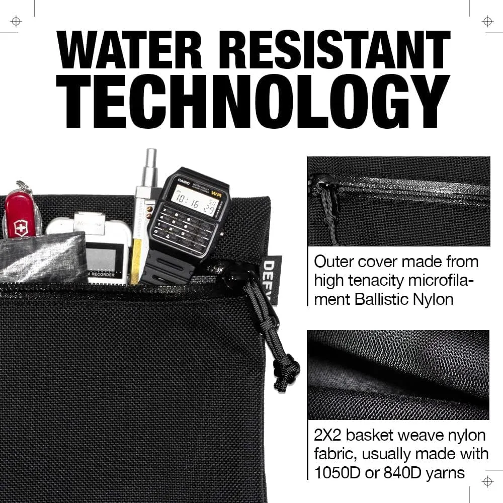 DEFY Project Ballistic Travel Pouch | Lightweight Nylon Organizer | Premium Tech Wallet | Water Resistant Travel Organizer (Large, Black)