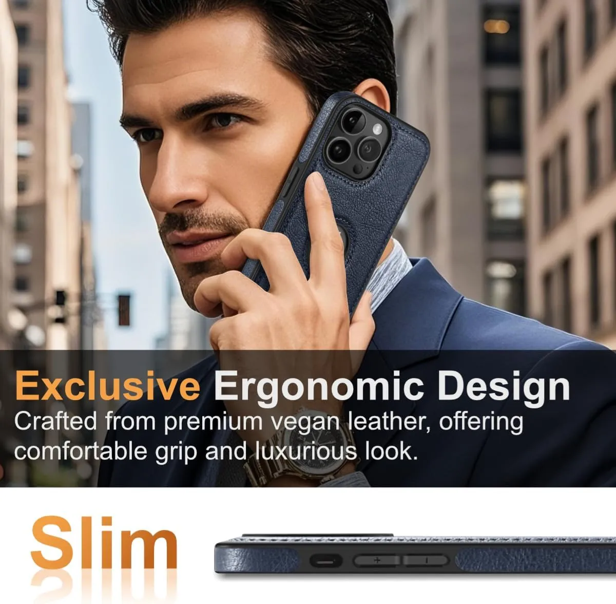 Design Compatible with iPhone 12 Pro Max Case Luxury Leather Business Vintage Slim Non-Slip Soft Grip Shockproof Protective Cover (2020) 6.7 Inch (Blue)