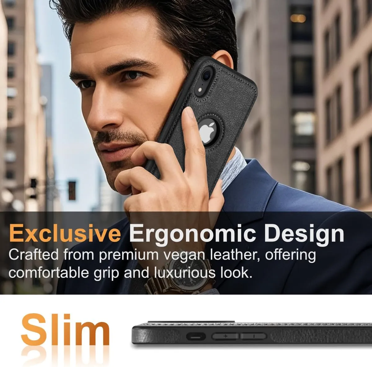 Design Compatible with iPhone XR Case Luxury Leather Business Vintage Slim Non-Slip Soft Grip Shockproof Protective Cover (2018) 6.1 Inch (Black)