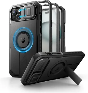 Dexnor for iPhone 15 Plus/14 Plus Case with Slide Camera Cover & Adjustable Kickstand & Built-in Screen Protector, Magsafe Rugged Shockproof Bumper Cases Heavy-Duty Magnetic Protective Cover,Black