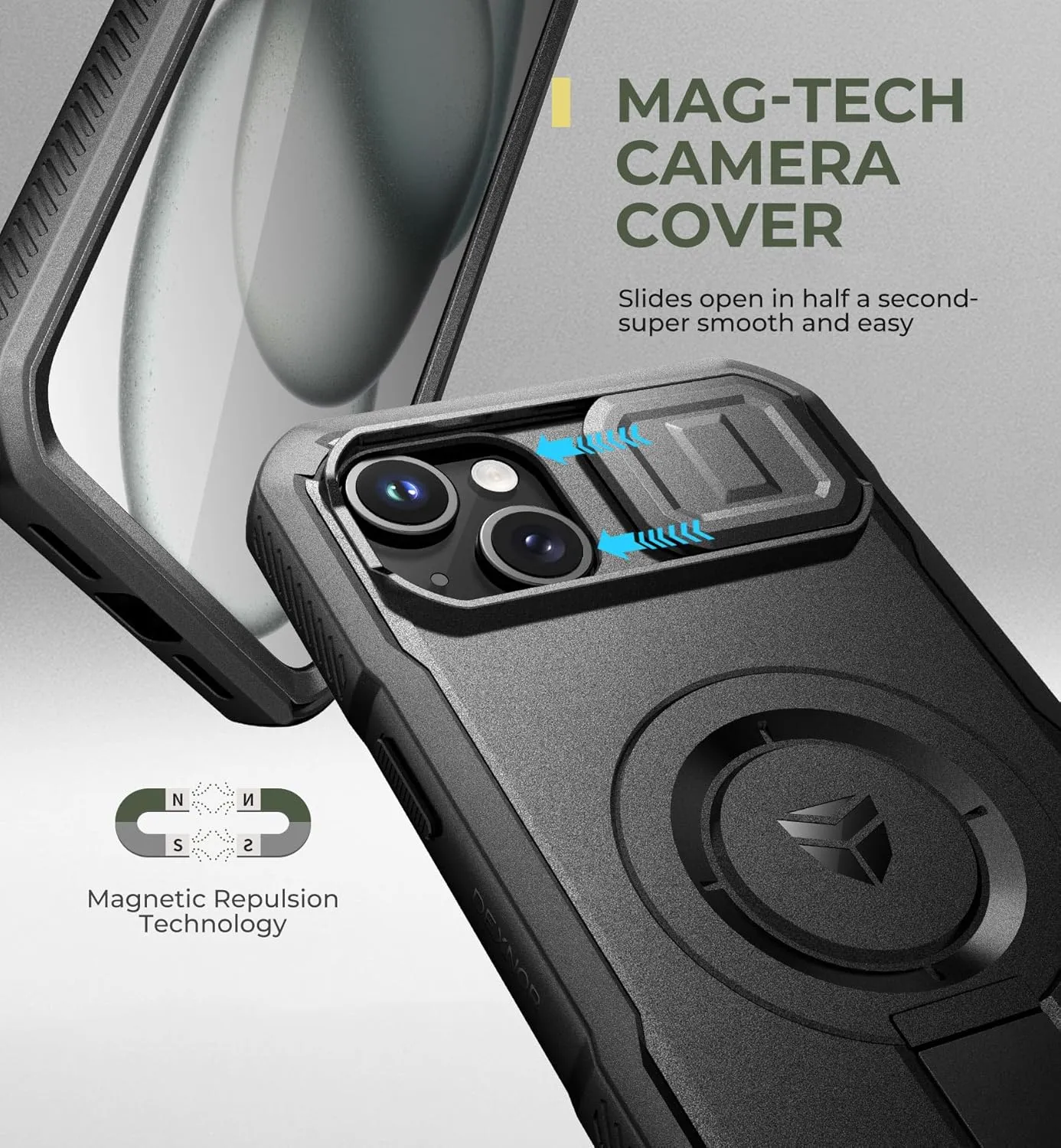 Dexnor for iPhone 15 Plus/14 Plus Case with Slide Camera Cover & Adjustable Kickstand & Built-in Screen Protector, Magsafe Rugged Shockproof Bumper Cases Heavy-Duty Magnetic Protective Cover,Black