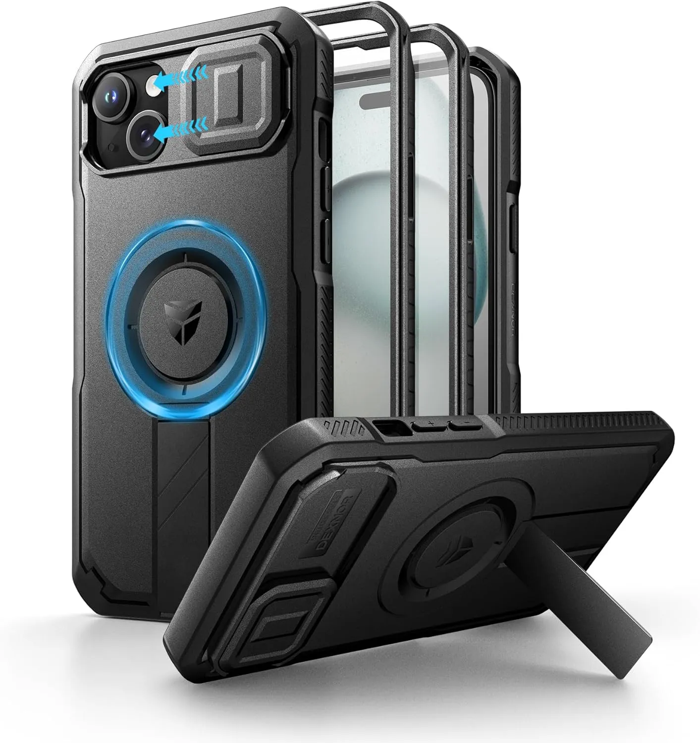 Dexnor for iPhone 15 Plus/14 Plus Case with Slide Camera Cover & Adjustable Kickstand & Built-in Screen Protector, Magsafe Rugged Shockproof Bumper Cases Heavy-Duty Magnetic Protective Cover,Black