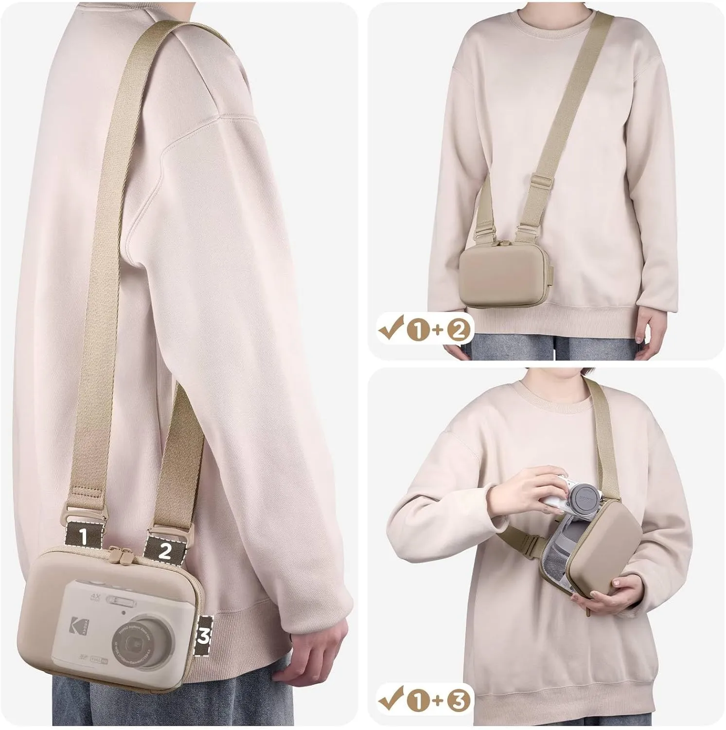 Digital Camera Case, Protective & Lightweight Camera Case with 3 Carrying Ways, Waterproof & Shockproof Small Camera Bag for Power Shot/Sony DSCW800/DSCW830 - Beige