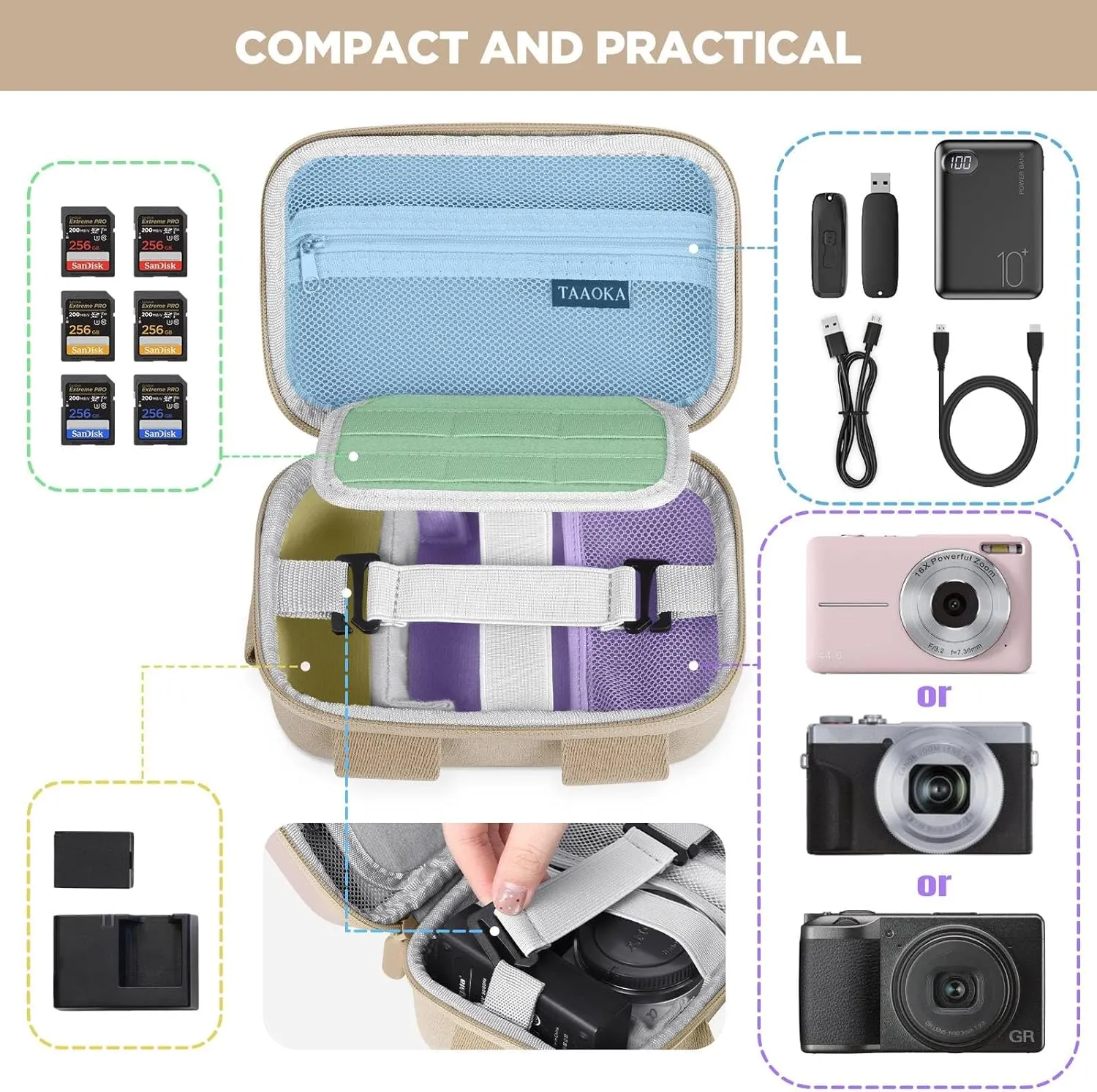 Digital Camera Case, Protective & Lightweight Camera Case with 3 Carrying Ways, Waterproof & Shockproof Small Camera Bag for Power Shot/Sony DSCW800/DSCW830 - Beige