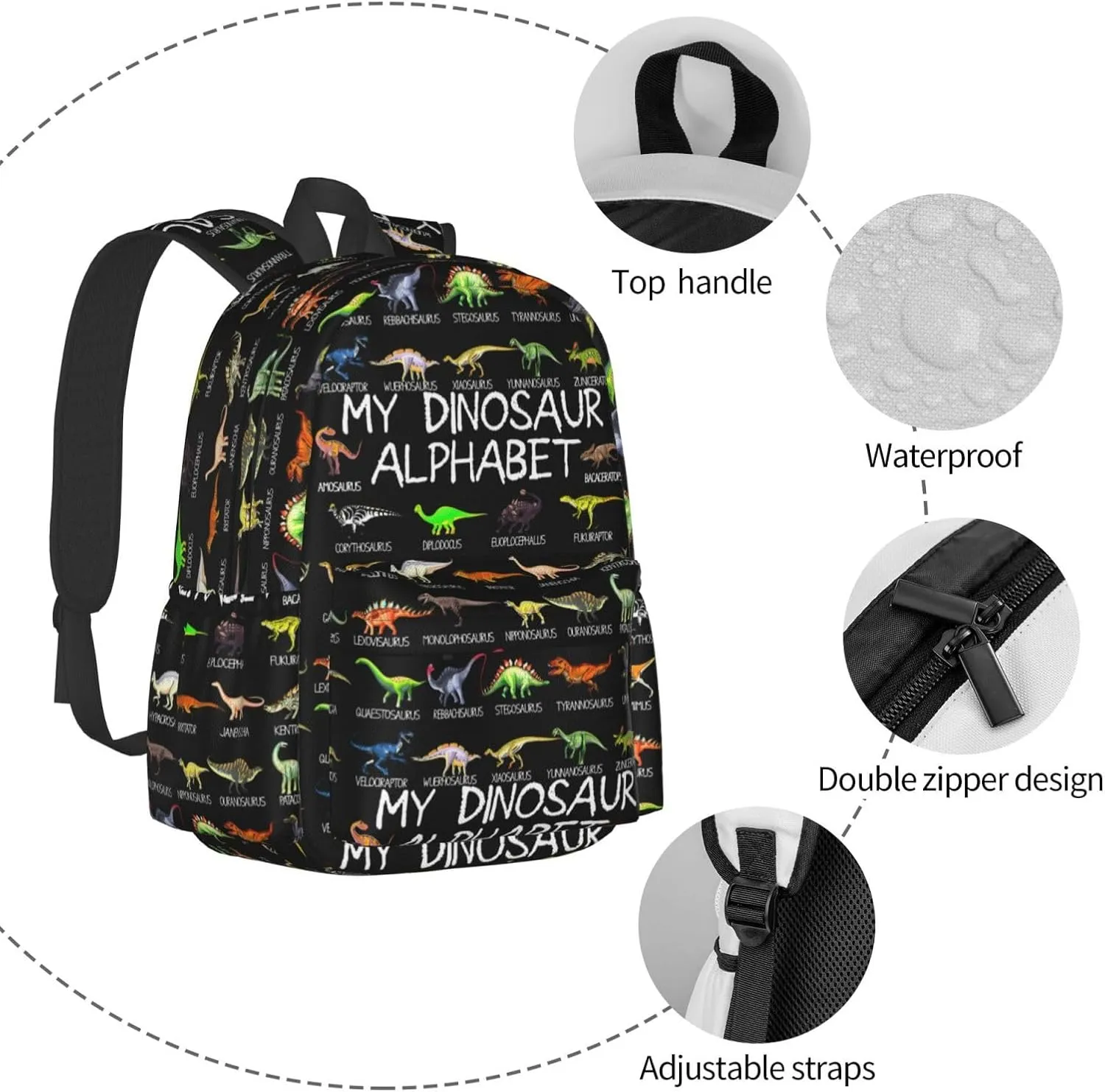 Dinosaur Alphabet Dino Abc Laptop Backpack Shoulder Bag Laptop Pack Travel Backpacks Commuter Back Pack Casual Daypack Bags With Side Pockets