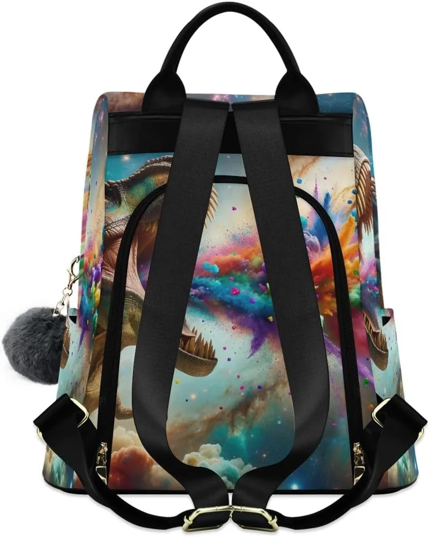 Dinosaur Spews Colored Smoke Backpack Purse for Women Rucksack Anti Theft Handbag with Pompom Travel Bag