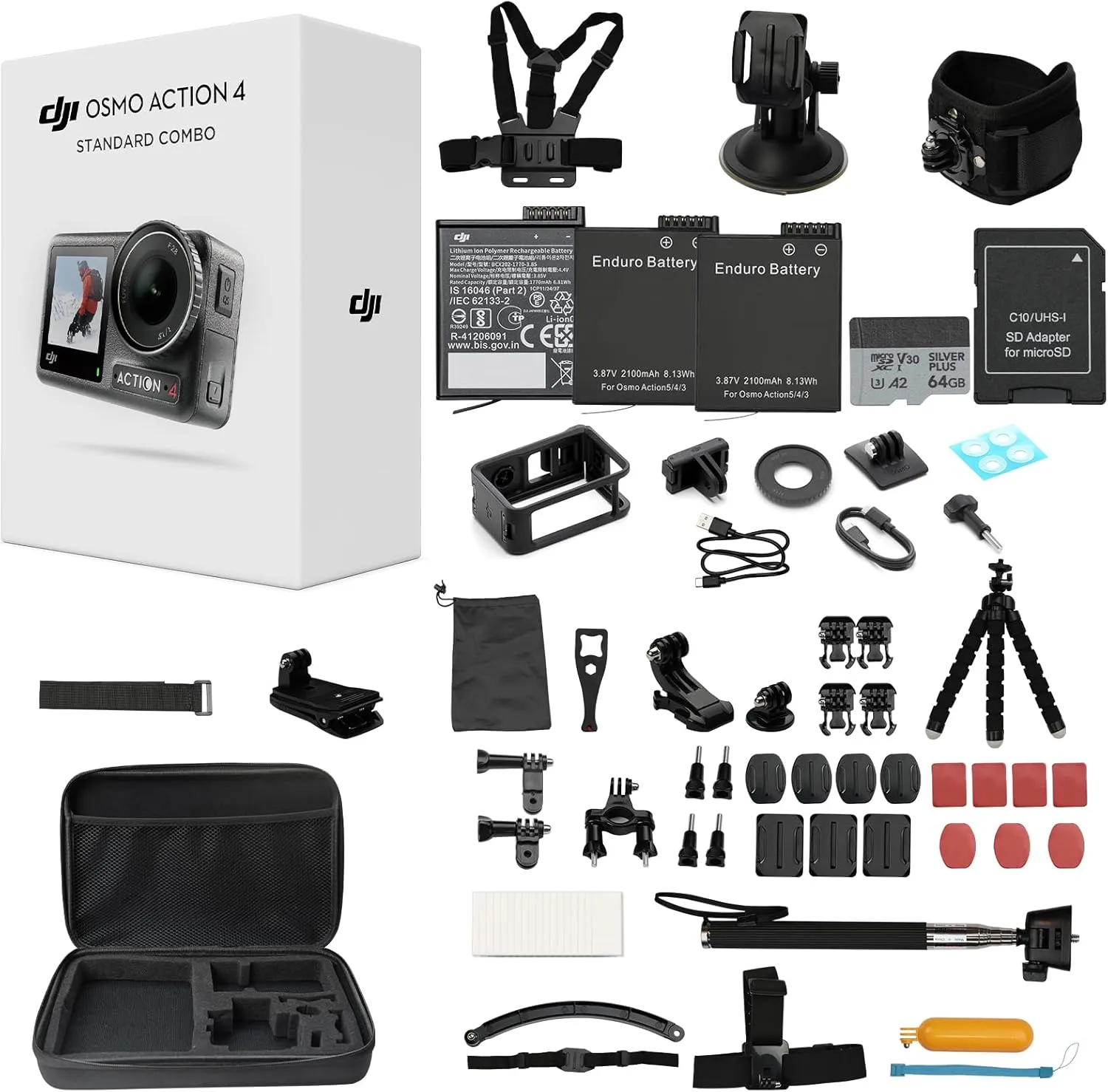 DJI Osmo Action 4 Standard Combo with 50 Piece Accessory Kit   2 Extra Batteries   64GB Card, 4K/120fps Waterproof Action Camera with a 1/1.3-Inch Sensor, Long-Lasting 160 Mins, Outdoor Camera