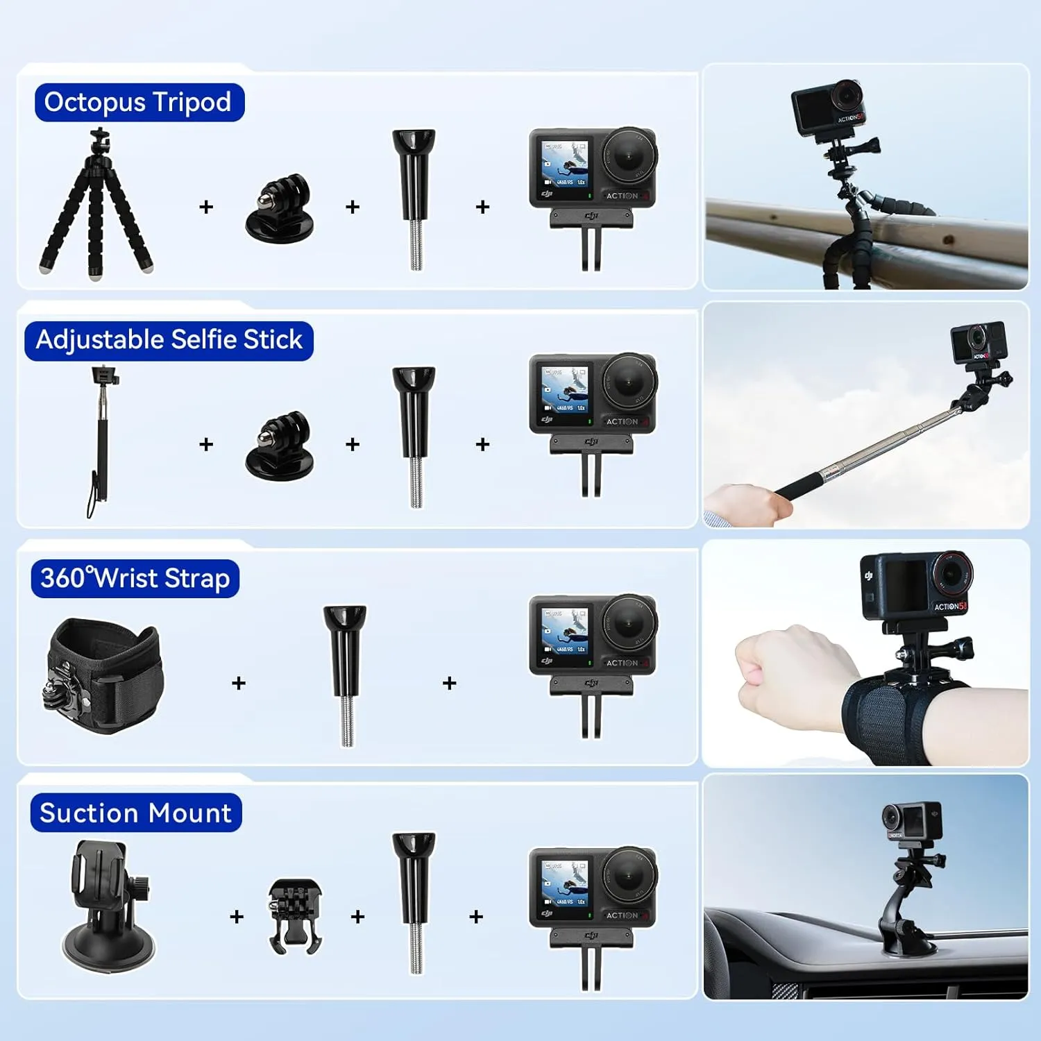 DJI Osmo Action 4 Standard Combo with 50 Piece Accessory Kit   2 Extra Batteries   64GB Card, 4K/120fps Waterproof Action Camera with a 1/1.3-Inch Sensor, Long-Lasting 160 Mins, Outdoor Camera