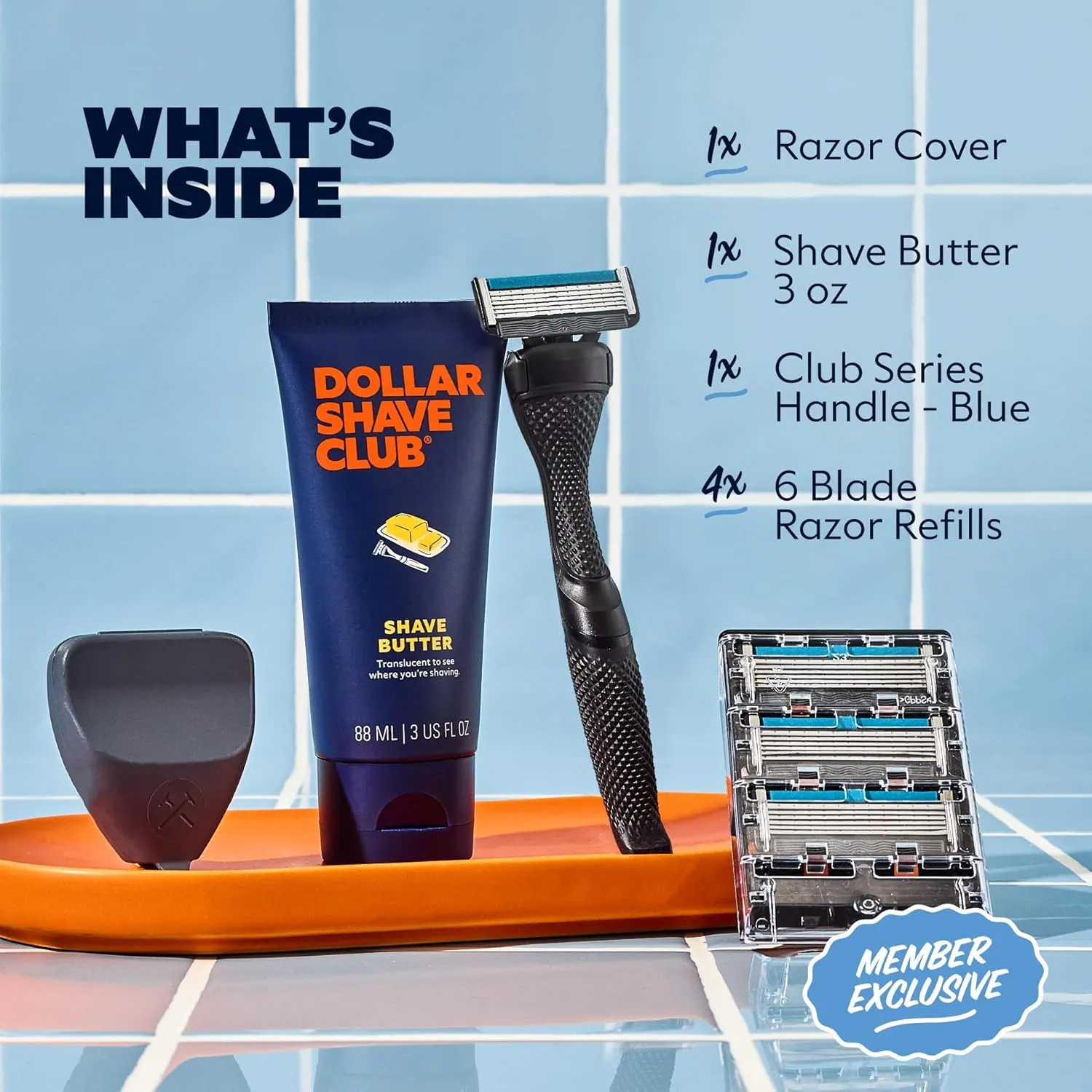 Dollar Shave Club | The Member Exclusive Shave Set | 4 Extra Close Refill Cartridges, 1 Handle (Black), 1 Shave Butter 3 ounce, 1 Razor Cover