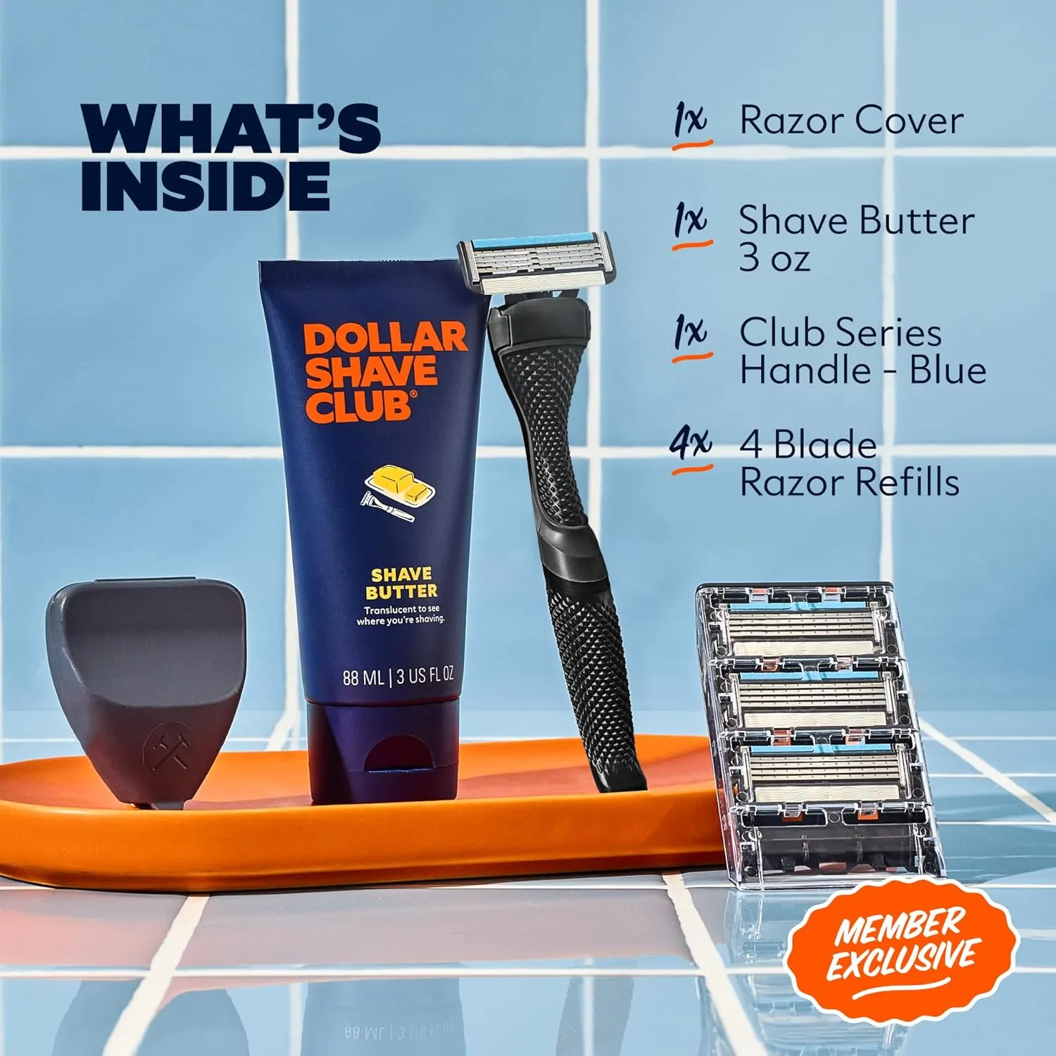 Dollar Shave Club | The Member Exclusive Shave Set | 4 Swift Rinse Refill Cartridges, 1 Handle (Black), 1 Shave Butter 3 ounce, 1 Razor Cover