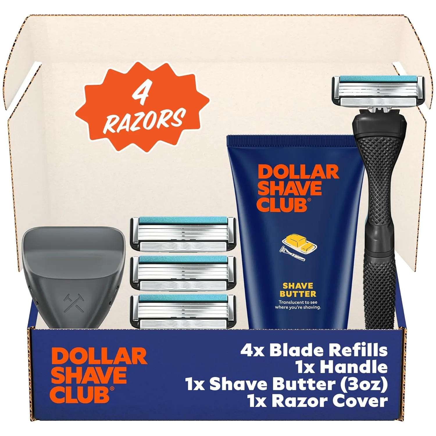 Dollar Shave Club | The Member Exclusive Shave Set | 4 Swift Rinse Refill Cartridges, 1 Handle (Black), 1 Shave Butter 3 ounce, 1 Razor Cover