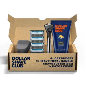 Dollar Shave Club | The VIP Shave Set | 4 Extra Close Refill Cartridges, 1 Heavy Metal Handle, 1 Shave Butter 3 ounce, 1 Razor Cover