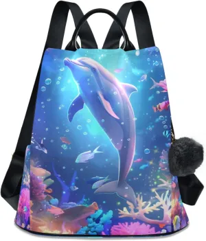 Dolphin Colorful Coral Reef Backpack for Women Anti Theft Large Fashion Travel Shoulder Bag Purse Rucksack Lightweight